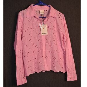 NEW Industry Women's Large Eyelet Button-Up Shirt Pink Long Sleeve $68 MSRP NWT